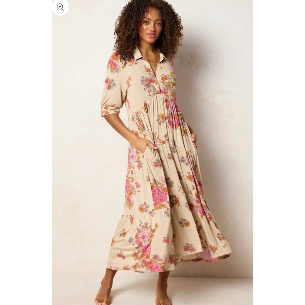 Natural Life Floral Tiered Maxi Dress Beige Pink Orange Button Front Pockets M